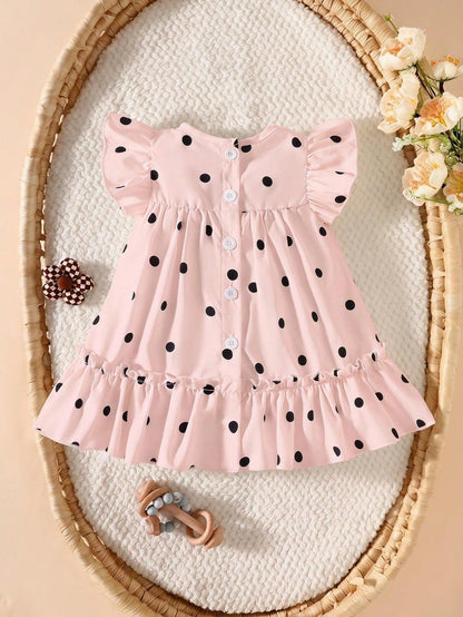 Summer Baby Girls' Apricot Ruffle Flutter‑Sleeve Dress For Newborns Classic Beige‑Black Polka Dot Print, Loose A‑Line Tiered Skirt Lightweight, Skin‑Friendly & Breathable Fabric Suitable For Dai
