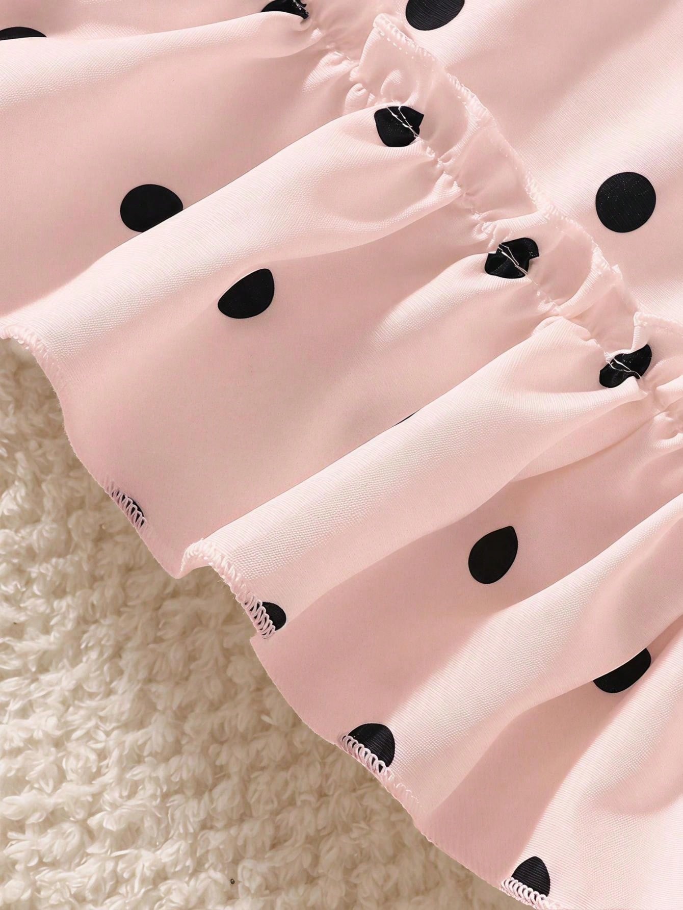 Summer Baby Girls' Apricot Ruffle Flutter‑Sleeve Dress For Newborns Classic Beige‑Black Polka Dot Print, Loose A‑Line Tiered Skirt Lightweight, Skin‑Friendly & Breathable Fabric Suitable For Dai