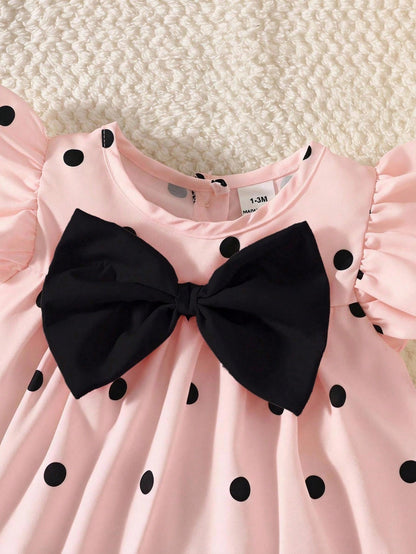 Summer Baby Girls' Apricot Ruffle Flutter‑Sleeve Dress For Newborns Classic Beige‑Black Polka Dot Print, Loose A‑Line Tiered Skirt Lightweight, Skin‑Friendly & Breathable Fabric Suitable For Dai