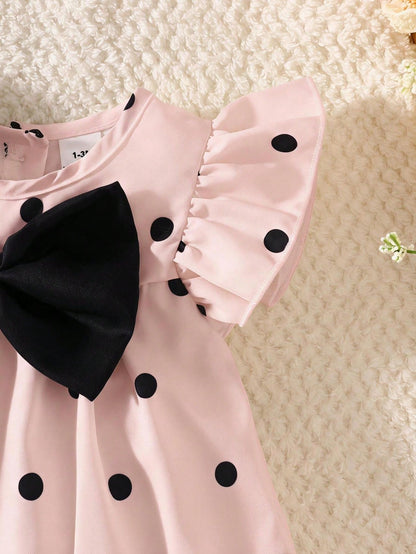 Summer Baby Girls' Apricot Ruffle Flutter‑Sleeve Dress For Newborns Classic Beige‑Black Polka Dot Print, Loose A‑Line Tiered Skirt Lightweight, Skin‑Friendly & Breathable Fabric Suitable For Dai
