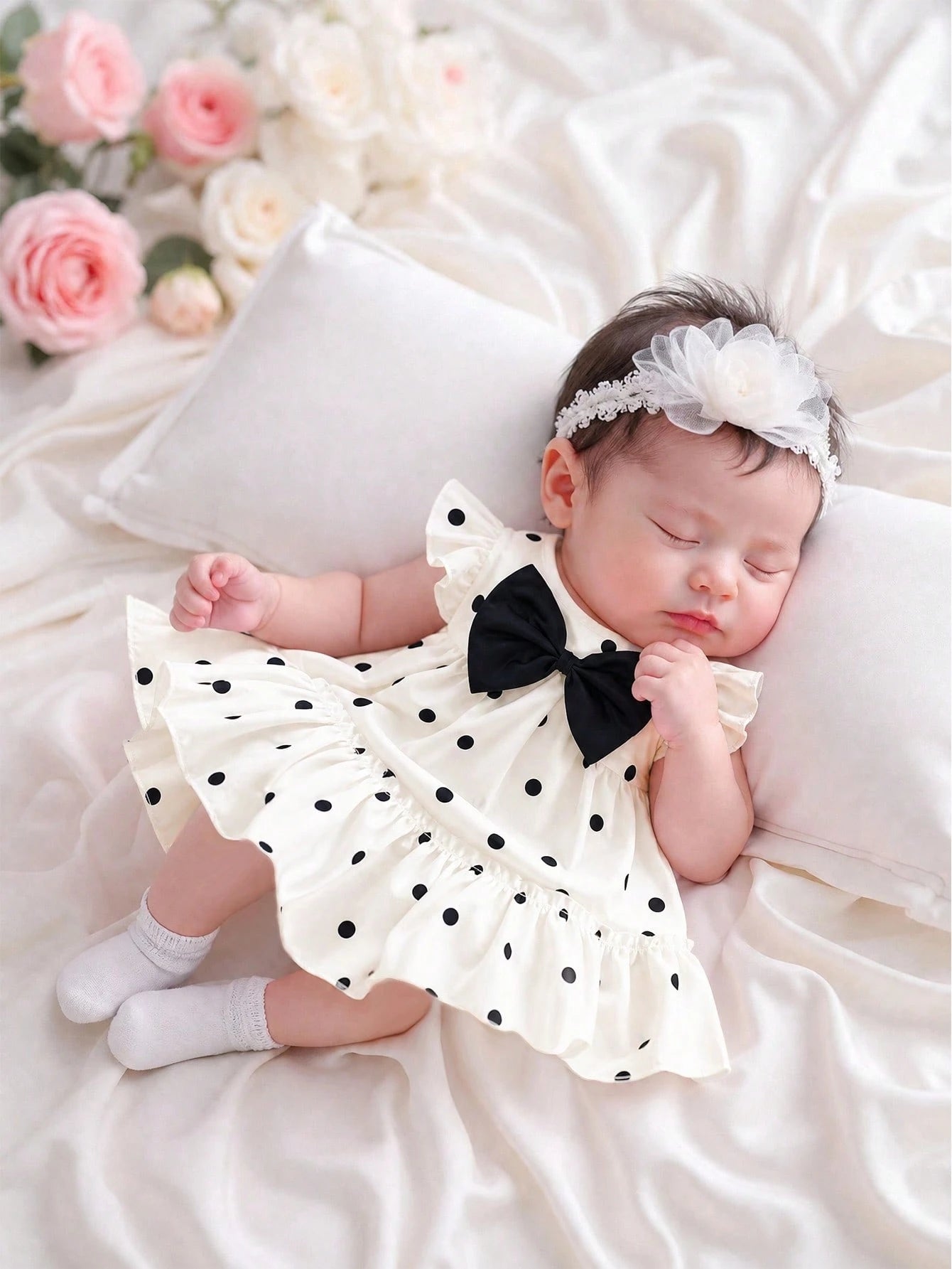 Summer Baby Girls' Apricot Ruffle Flutter‑Sleeve Dress For Newborns Classic Beige‑Black Polka Dot Print, Loose A‑Line Tiered Skirt Lightweight, Skin‑Friendly & Breathable Fabric Suitable For Dai