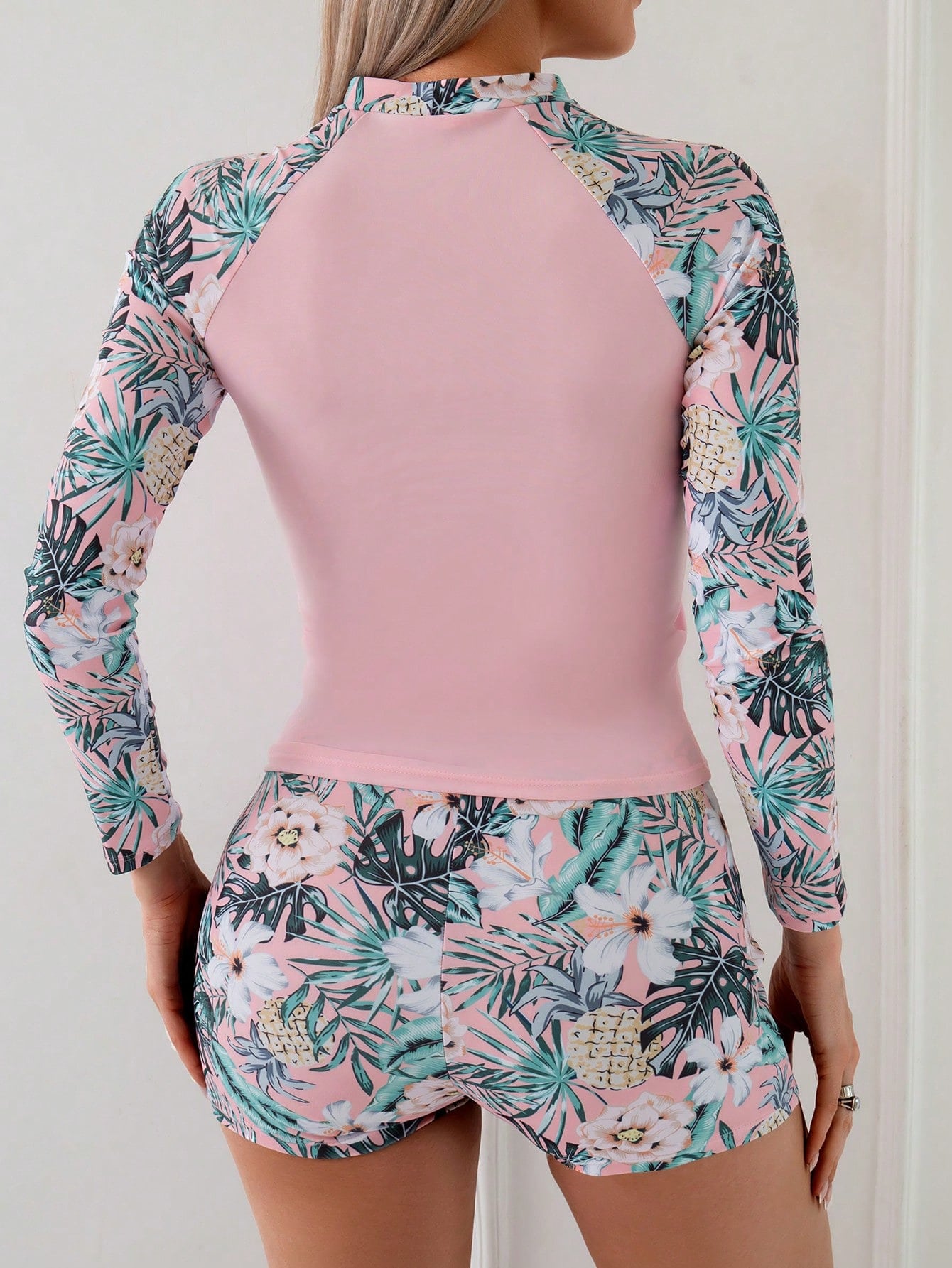 Summer Beach Vacation Tropical Floral Print Swimwear, High Stretch Fitted 2 Pieces Long Sleeve Tankini Set