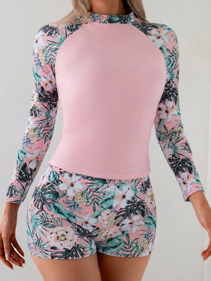 Summer Beach Vacation Tropical Floral Print Swimwear, High Stretch Fitted 2 Pieces Long Sleeve Tankini Set