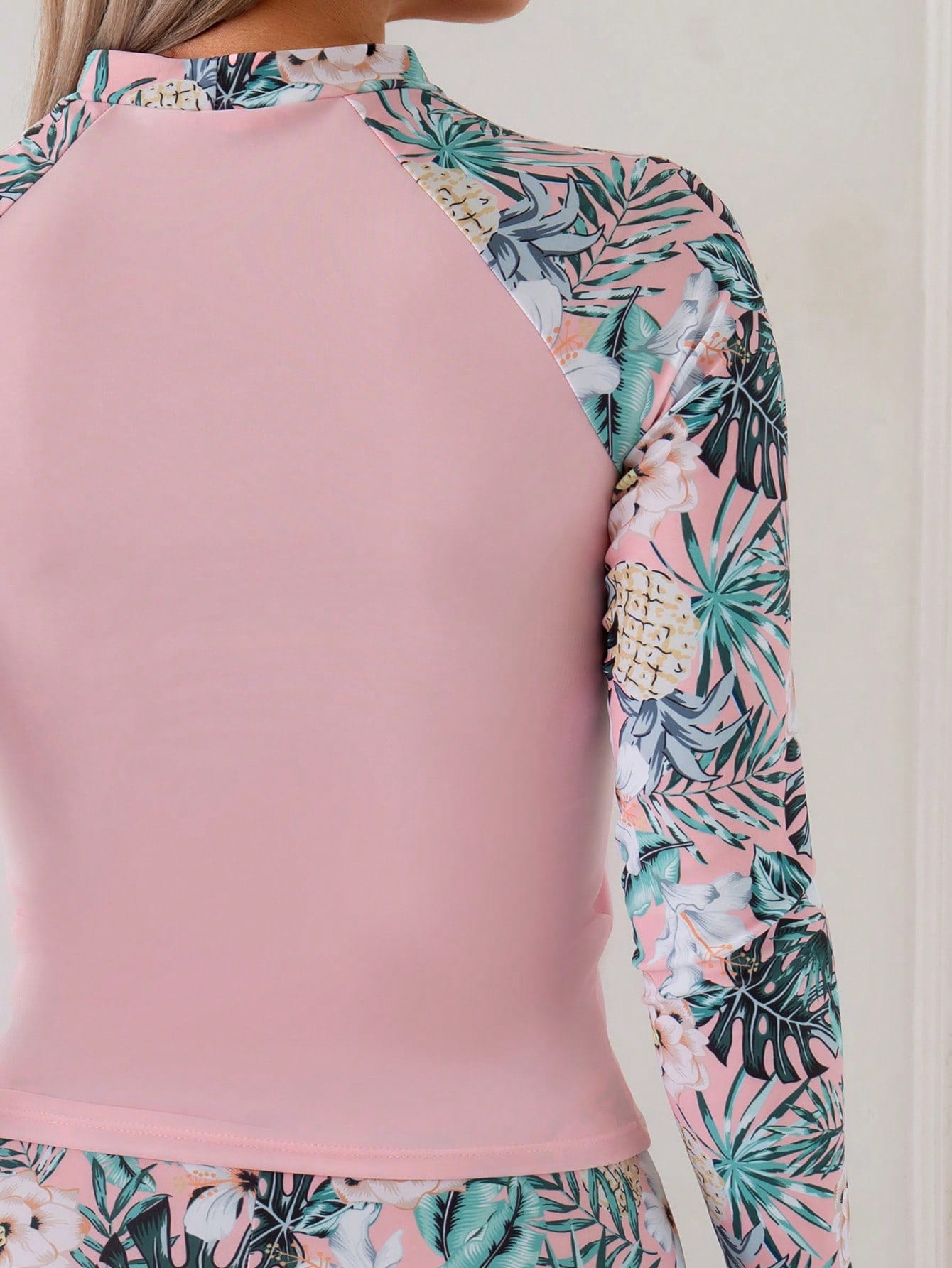 Summer Beach Vacation Tropical Floral Print Swimwear, High Stretch Fitted 2 Pieces Long Sleeve Tankini Set