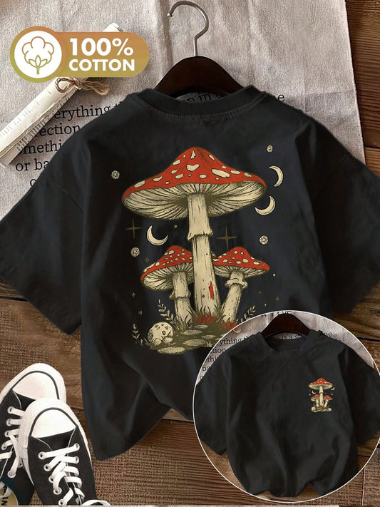 Summer Cool Printed-Shirt [Double-Sided Print] Summer Women's Casual Top Vintage Style Mushroom Moon Print Round Neck Cotton Short