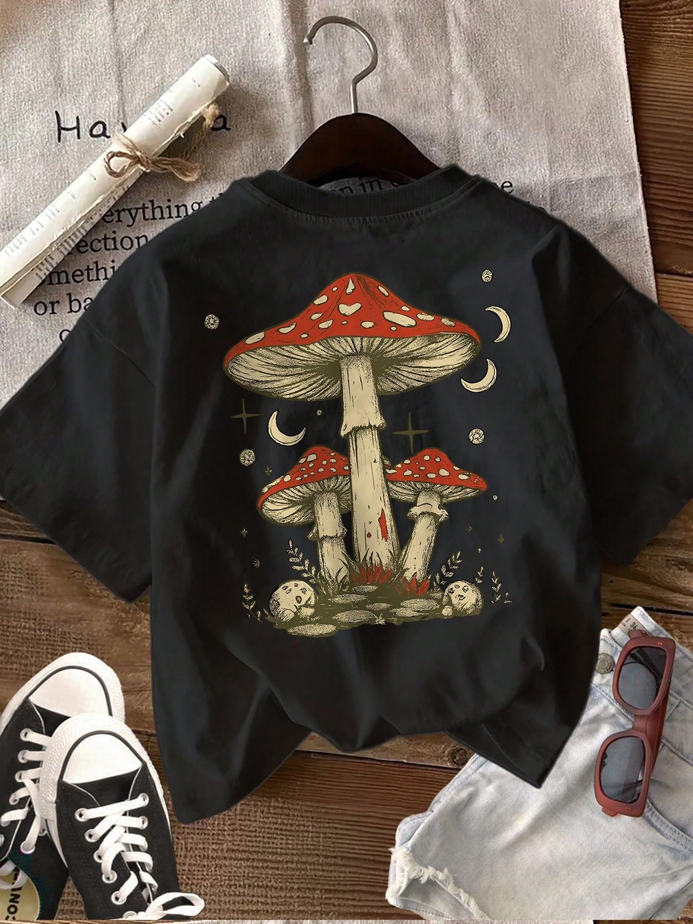 Summer Cool Printed-Shirt [Double-Sided Print] Summer Women's Casual Top Vintage Style Mushroom Moon Print Round Neck Cotton Short