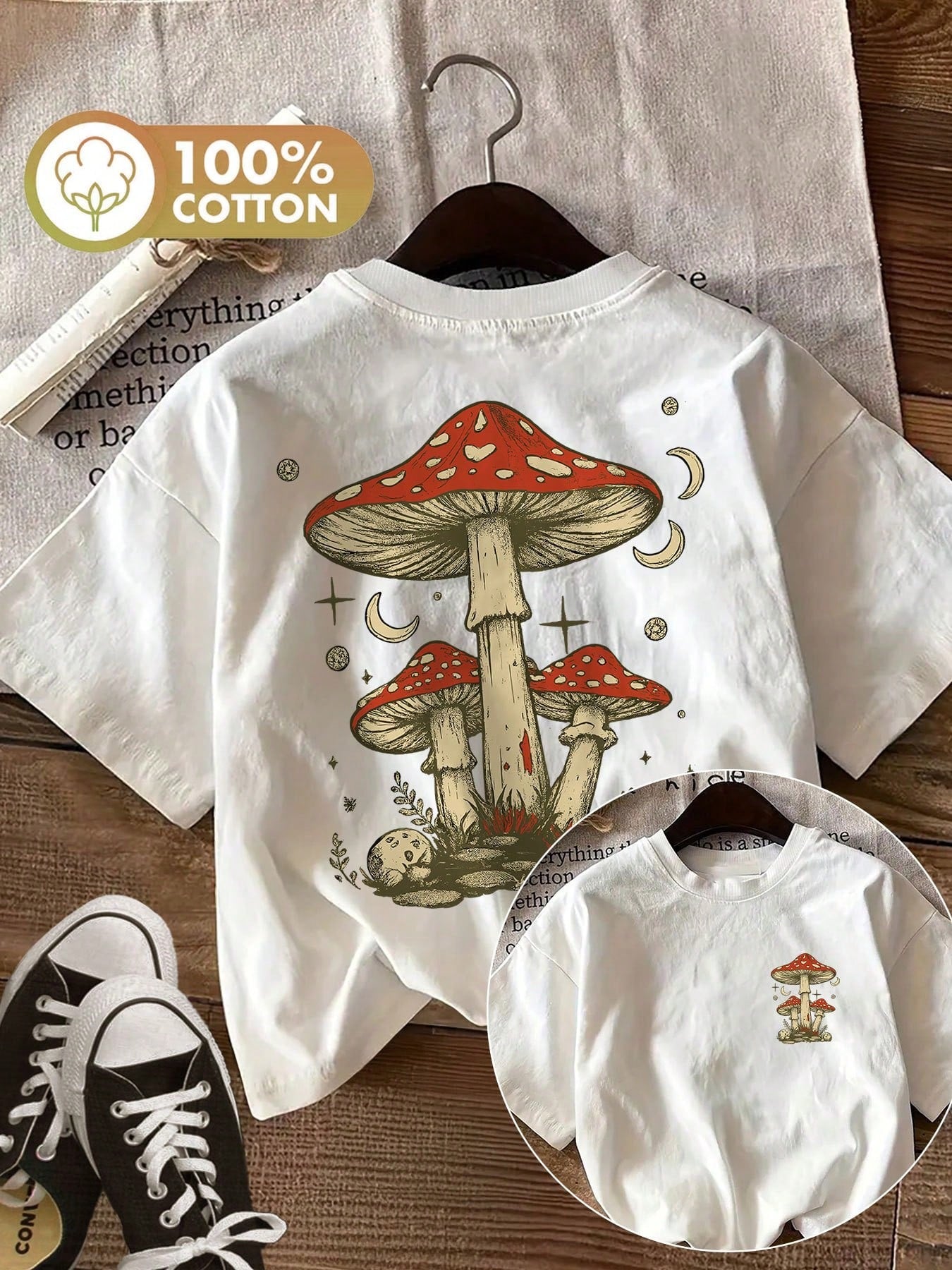 Summer Cool Printed-Shirt [Double-Sided Print] Summer Women's Casual Top Vintage Style Mushroom Moon Print Round Neck Cotton Short