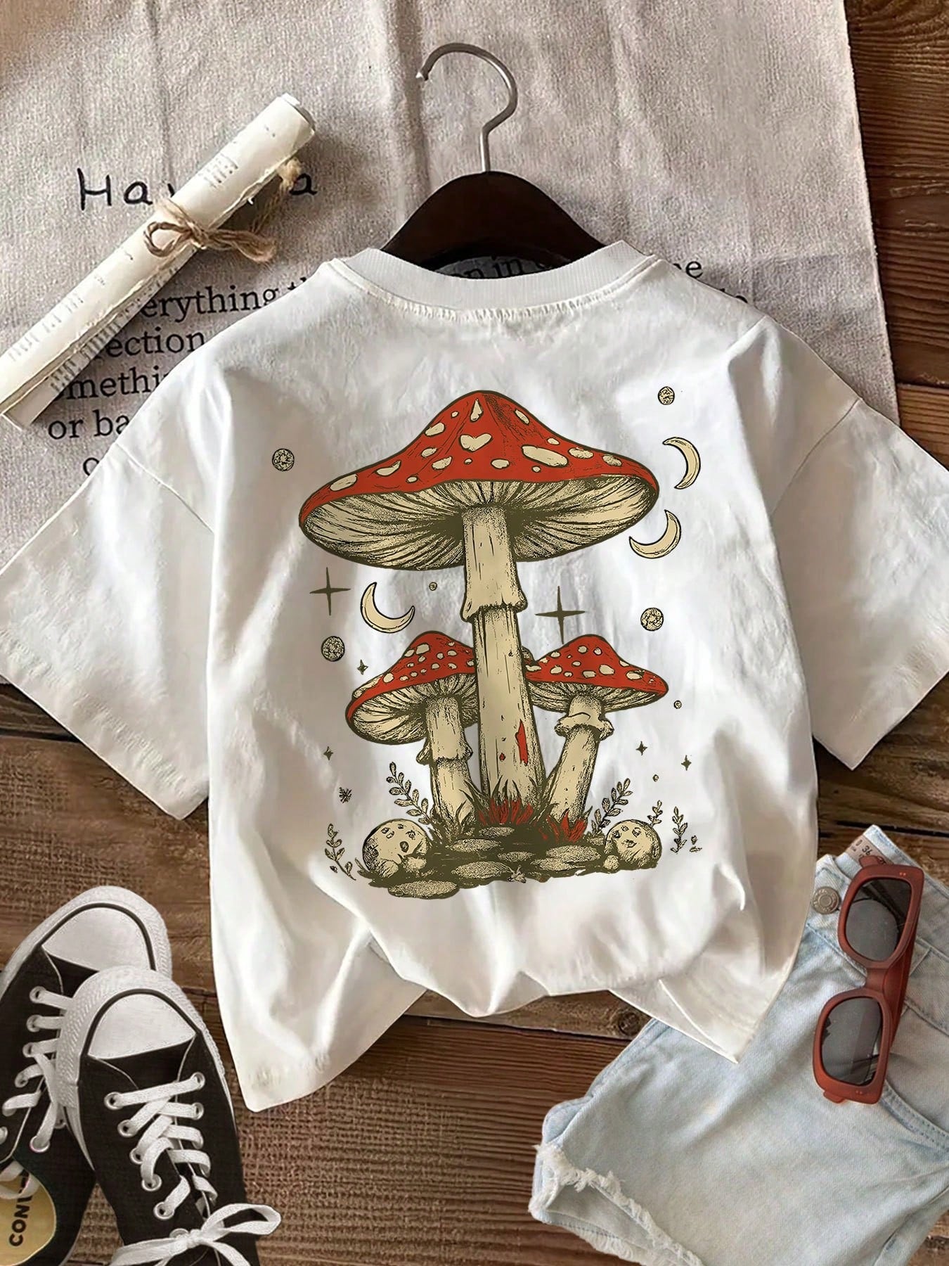 Summer Cool Printed-Shirt [Double-Sided Print] Summer Women's Casual Top Vintage Style Mushroom Moon Print Round Neck Cotton Short