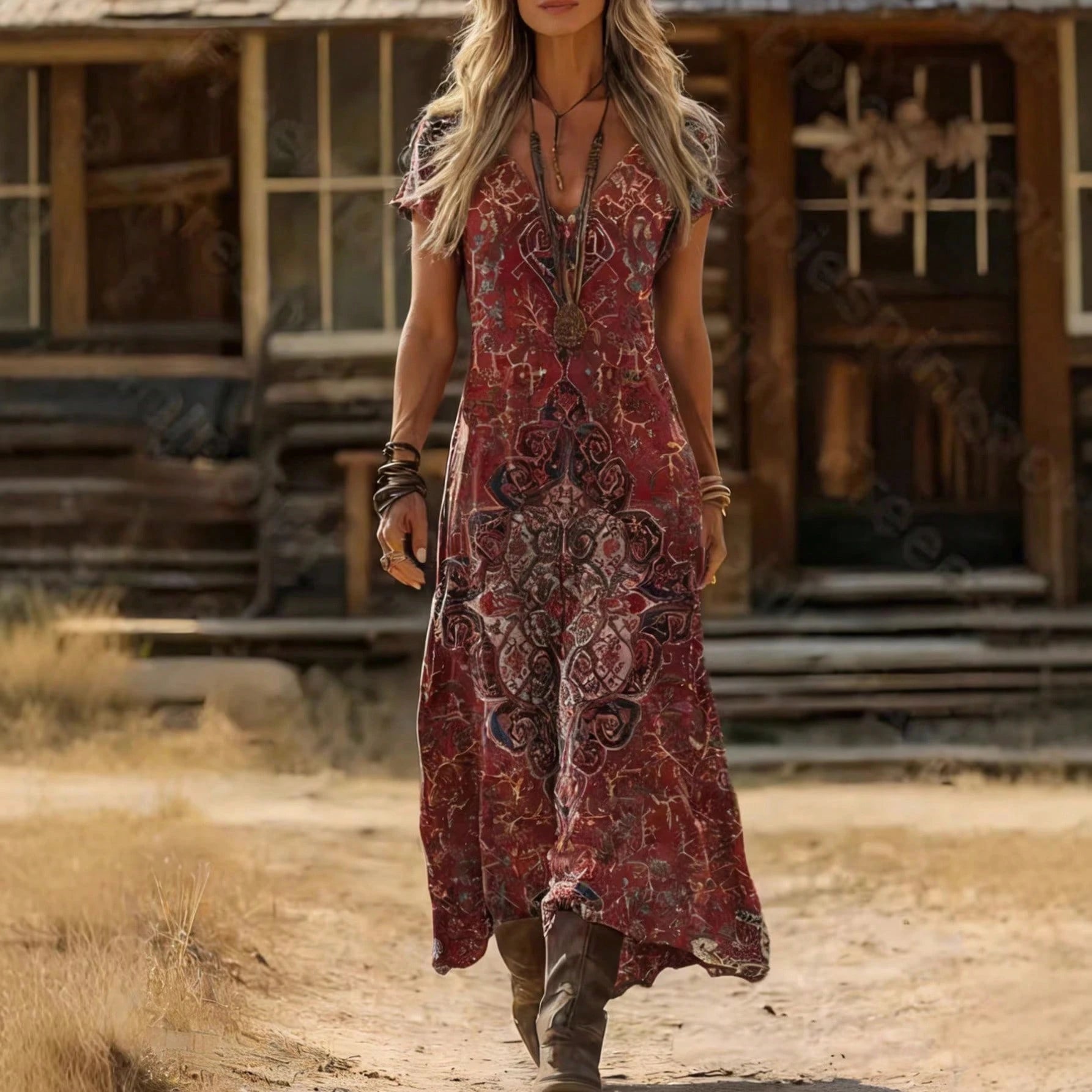 Summer Dress For WomenOrange Boho Print V-Neck Short Sleeve Loose Fit Maxi Dress, Casual Flowy Summer Dress For Women For Daily Dress For Women