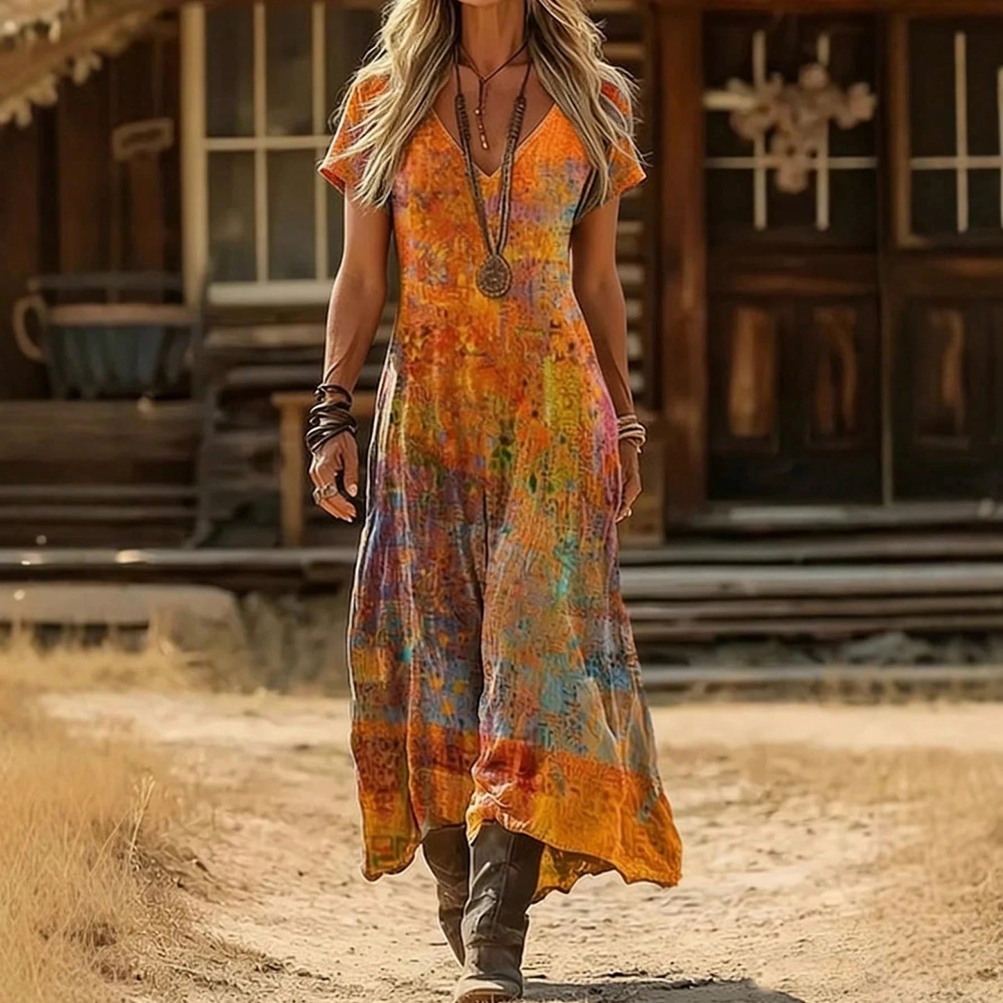 Summer Dress For WomenOrange Boho Print V-Neck Short Sleeve Loose Fit Maxi Dress, Casual Flowy Summer Dress For Women For Daily Dress For Women