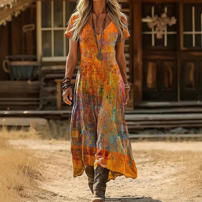 Summer Dress For WomenOrange Boho Print V-Neck Short Sleeve Loose Fit Maxi Dress, Casual Flowy Summer Dress For Women For Daily Dress For Women