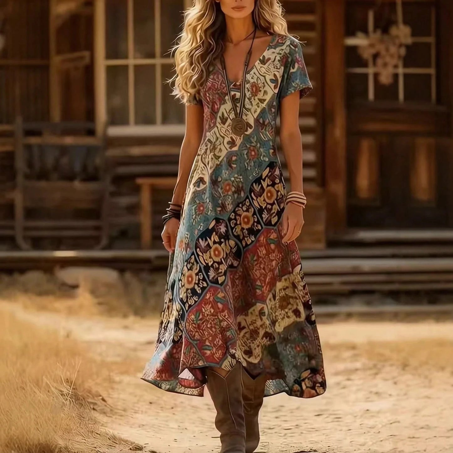 Summer Dress For WomenOrange Boho Print V-Neck Short Sleeve Loose Fit Maxi Dress, Casual Flowy Summer Dress For Women For Daily Dress For Women