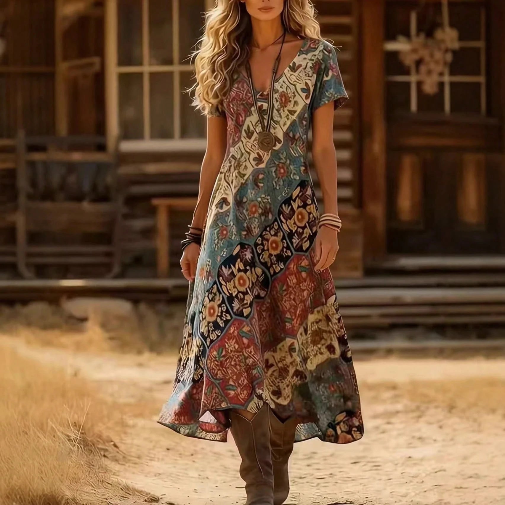 Summer Dress For WomenOrange Boho Print V-Neck Short Sleeve Loose Fit Maxi Dress, Casual Flowy Summer Dress For Women For Daily Dress For Women