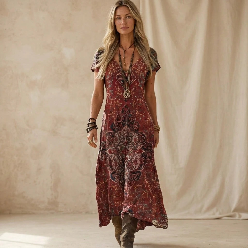 Summer Dress For WomenOrange Boho Print V-Neck Short Sleeve Loose Fit Maxi Dress, Casual Flowy Summer Dress For Women For Daily Dress For Women