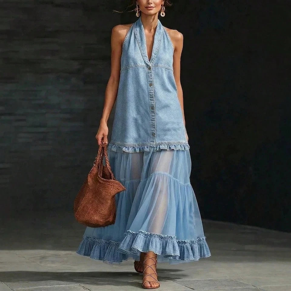 Summer Dress For WomenVintage Halter Neck Sleeveless Denim Patchwork Sheer Tulle Ruffle Hem Maxi Summer Dress For Women, Casual Button Dress For Women