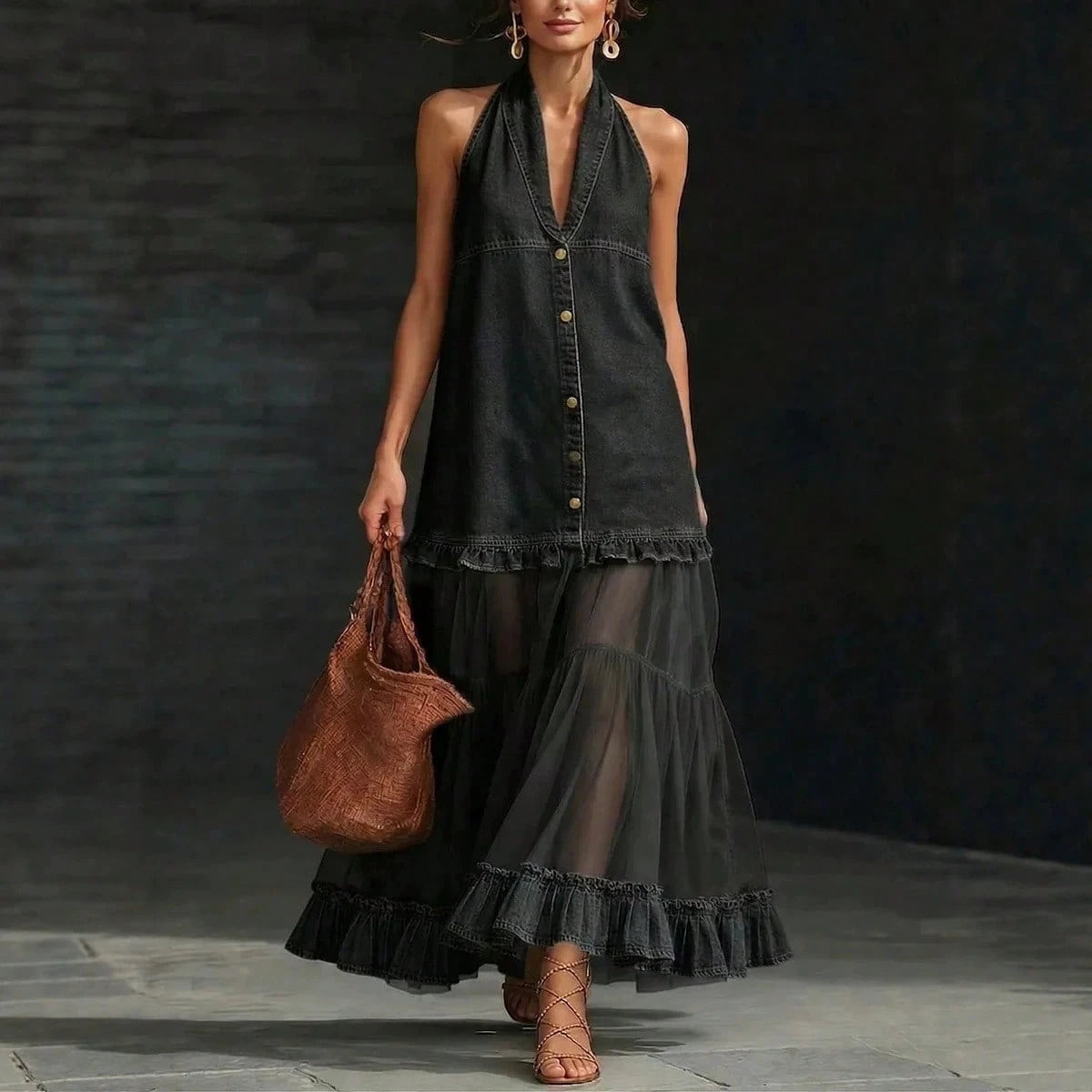 Summer Dress For WomenVintage Halter Neck Sleeveless Denim Patchwork Sheer Tulle Ruffle Hem Maxi Summer Dress For Women, Casual Button Dress For Women