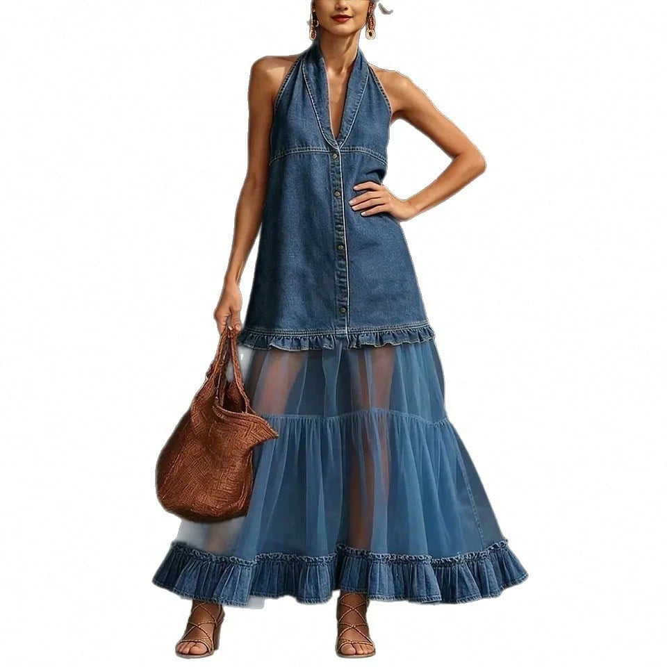 Summer Dress For WomenVintage Halter Neck Sleeveless Denim Patchwork Sheer Tulle Ruffle Hem Maxi Summer Dress For Women, Casual Button Dress For Women