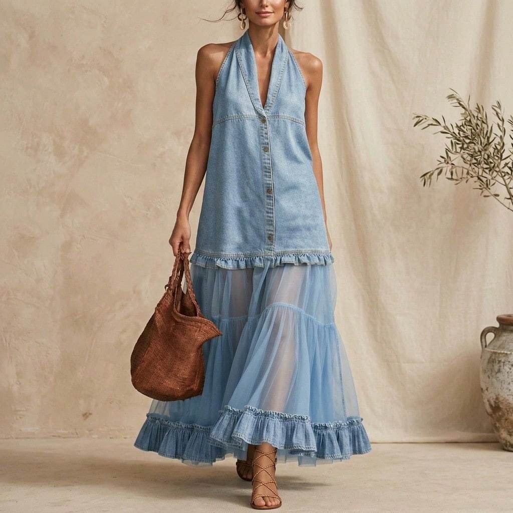 Summer Dress For WomenVintage Halter Neck Sleeveless Denim Patchwork Sheer Tulle Ruffle Hem Maxi Summer Dress For Women, Casual Button Dress For Women