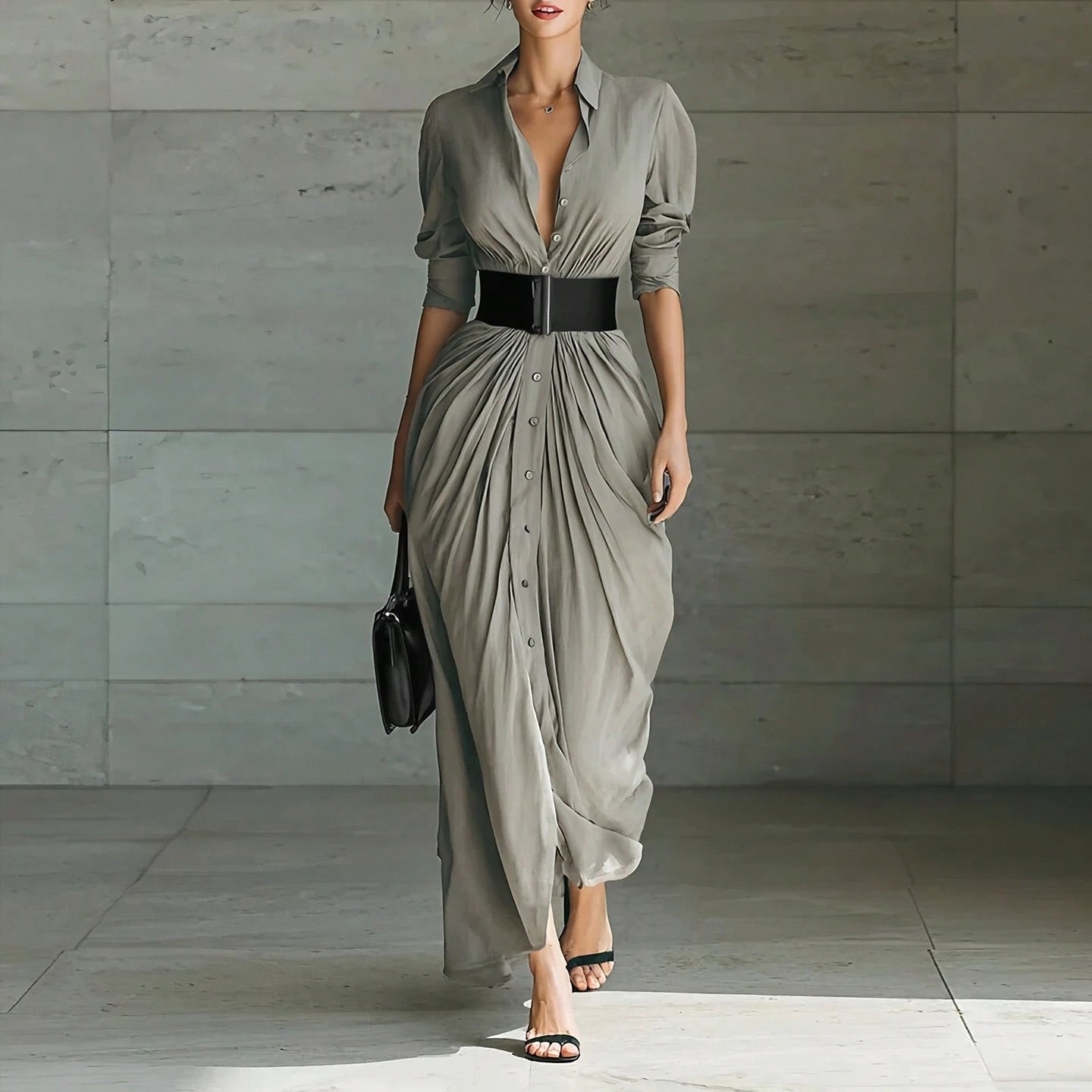 Summer Dress,Premium Grey Belted Shirt Maxi Dress, V Neck Rolled Sleeve Waist Tie Dress, Hot Selling Ruched Front Casual Gown, Breathable Flowy Fabric