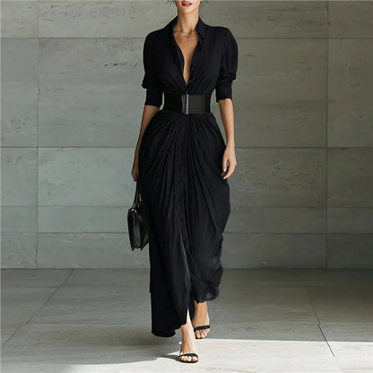 Summer Dress,Premium Grey Belted Shirt Maxi Dress, V Neck Rolled Sleeve Waist Tie Dress, Hot Selling Ruched Front Casual Gown, Breathable Flowy Fabric