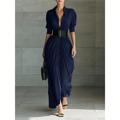 Summer Dress,Premium Grey Belted Shirt Maxi Dress, V Neck Rolled Sleeve Waist Tie Dress, Hot Selling Ruched Front Casual Gown, Breathable Flowy Fabric