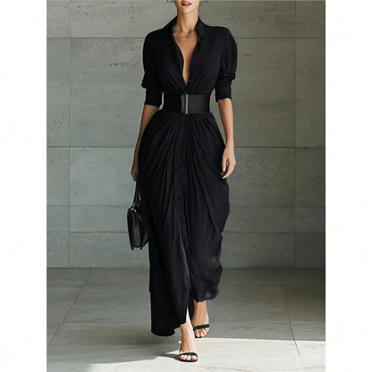 Summer Dress,Premium Grey Belted Shirt Maxi Dress, V Neck Rolled Sleeve Waist Tie Dress, Hot Selling Ruched Front Casual Gown, Breathable Flowy Fabric