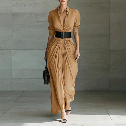 Summer Dress,Premium Grey Belted Shirt Maxi Dress, V Neck Rolled Sleeve Waist Tie Dress, Hot Selling Ruched Front Casual Gown, Breathable Flowy Fabric
