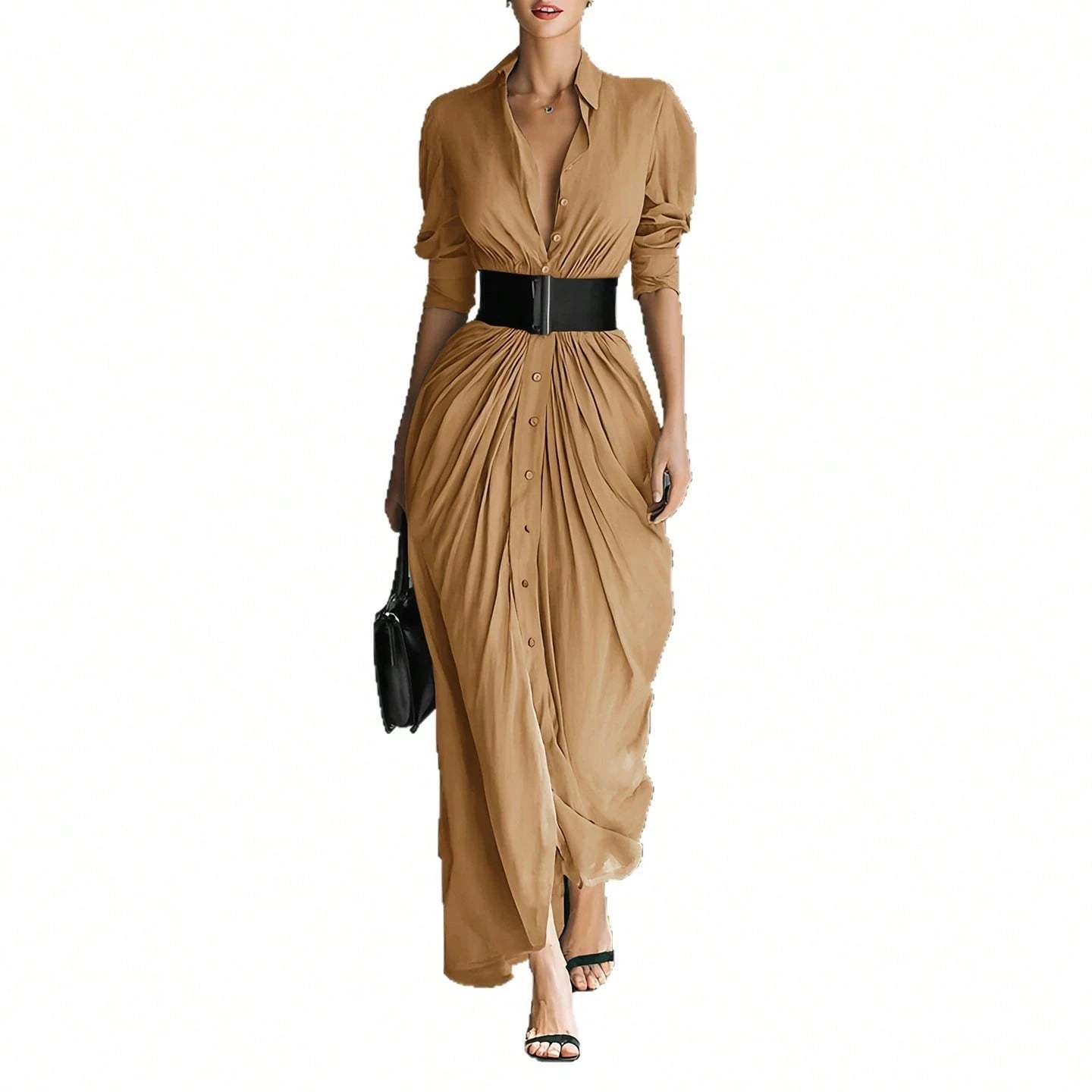 Summer Dress,Premium Grey Belted Shirt Maxi Dress, V Neck Rolled Sleeve Waist Tie Dress, Hot Selling Ruched Front Casual Gown, Breathable Flowy Fabric
