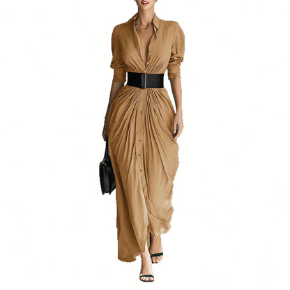 Summer Dress,Premium Grey Belted Shirt Maxi Dress, V Neck Rolled Sleeve Waist Tie Dress, Hot Selling Ruched Front Casual Gown, Breathable Flowy Fabric