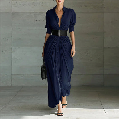 Summer Dress,Premium Grey Belted Shirt Maxi Dress, V Neck Rolled Sleeve Waist Tie Dress, Hot Selling Ruched Front Casual Gown, Breathable Flowy Fabric