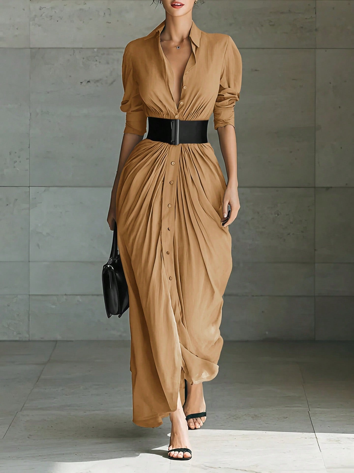 Summer Dress,Premium Grey Belted Shirt Maxi Dress, V Neck Rolled Sleeve Waist Tie Dress, Hot Selling Ruched Front Casual Gown, Breathable Flowy Fabric