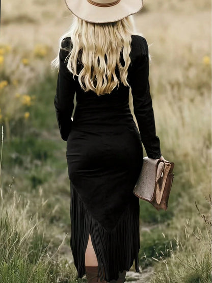 Summer Dress,2026 New Women's Retro Western Cowgirl Slim Tassel Hem Dress With Fringe Details,Premium Brown Suede Fringe Western Dress