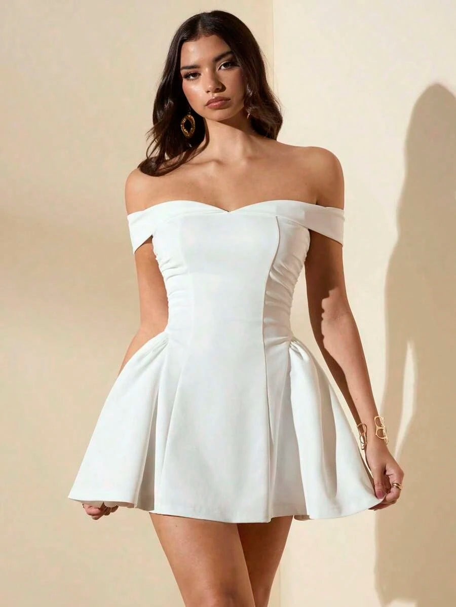 Summer Dresses For WomenBAE Women's Elegant Off Shoulder Solid White Ruffle A-Line Dress, Fit For Back To School, Birthday, Party, Summer,White Gradu