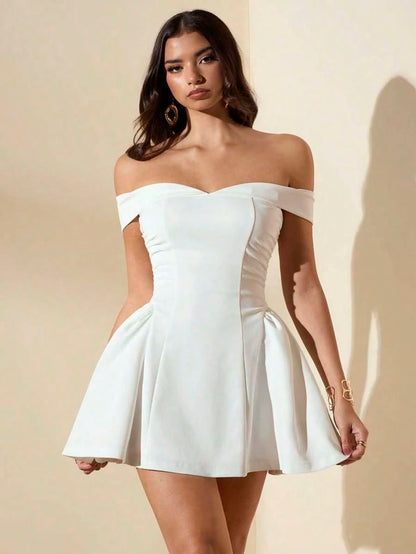 Summer Dresses For WomenBAE Women's Elegant Off Shoulder Solid White Ruffle A-Line Dress, Fit For Back To School, Birthday, Party, Summer,White Gradu