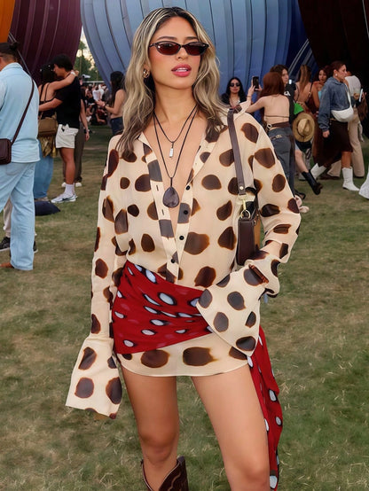 Summer Dresses For WomenSummer New Women's All-Match Dress, Fashionable And Casual Polka Dot Print Lapel Flared Long Sleeve Spliced Bdresses For Wome
