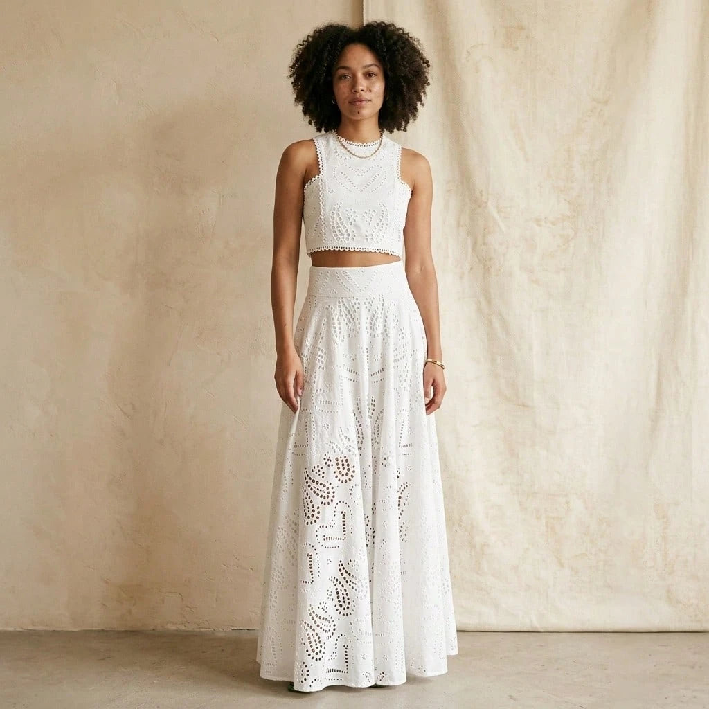 Summer Dresses For WomenWhite Eyelet Embroidered Sleeveless Crop Top & High Waist Pocket Maxi Skirt 2 Piece Set, Casual Beach Holidaydresses For Women