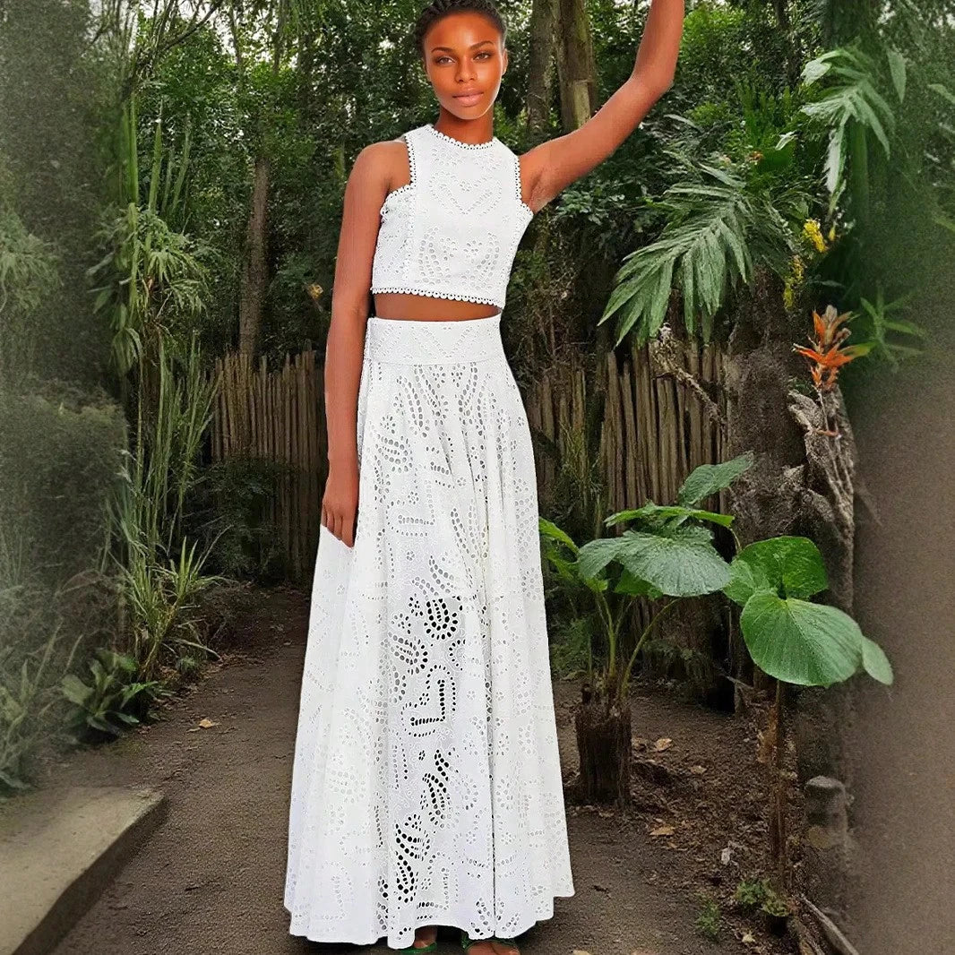 Summer Dresses For WomenWhite Eyelet Embroidered Sleeveless Crop Top & High Waist Pocket Maxi Skirt 2 Piece Set, Casual Beach Holidaydresses For Women