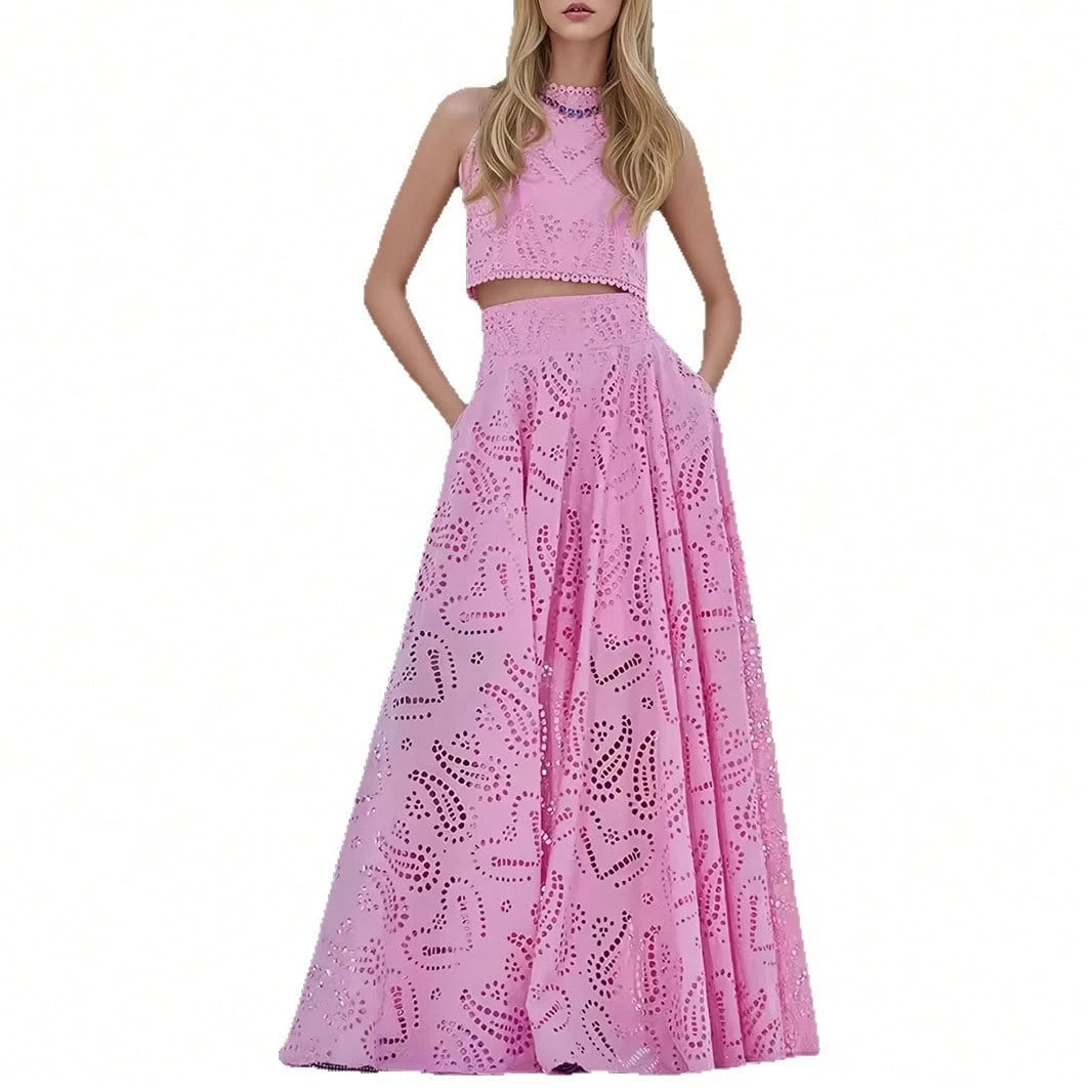 Summer Dresses For WomenWhite Eyelet Embroidered Sleeveless Crop Top & High Waist Pocket Maxi Skirt 2 Piece Set, Casual Beach Holidaydresses For Women