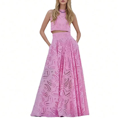 Summer Dresses For WomenWhite Eyelet Embroidered Sleeveless Crop Top & High Waist Pocket Maxi Skirt 2 Piece Set, Casual Beach Holidaydresses For Women