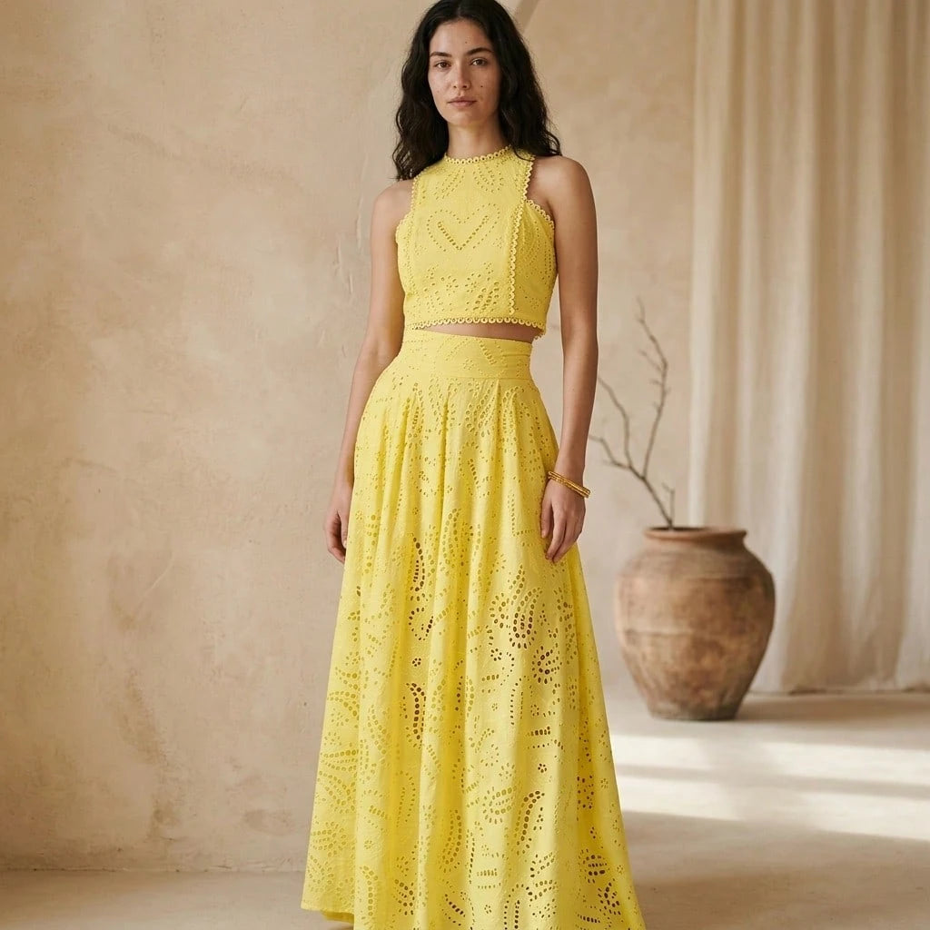 Summer Dresses For WomenWhite Eyelet Embroidered Sleeveless Crop Top & High Waist Pocket Maxi Skirt 2 Piece Set, Casual Beach Holidaydresses For Women