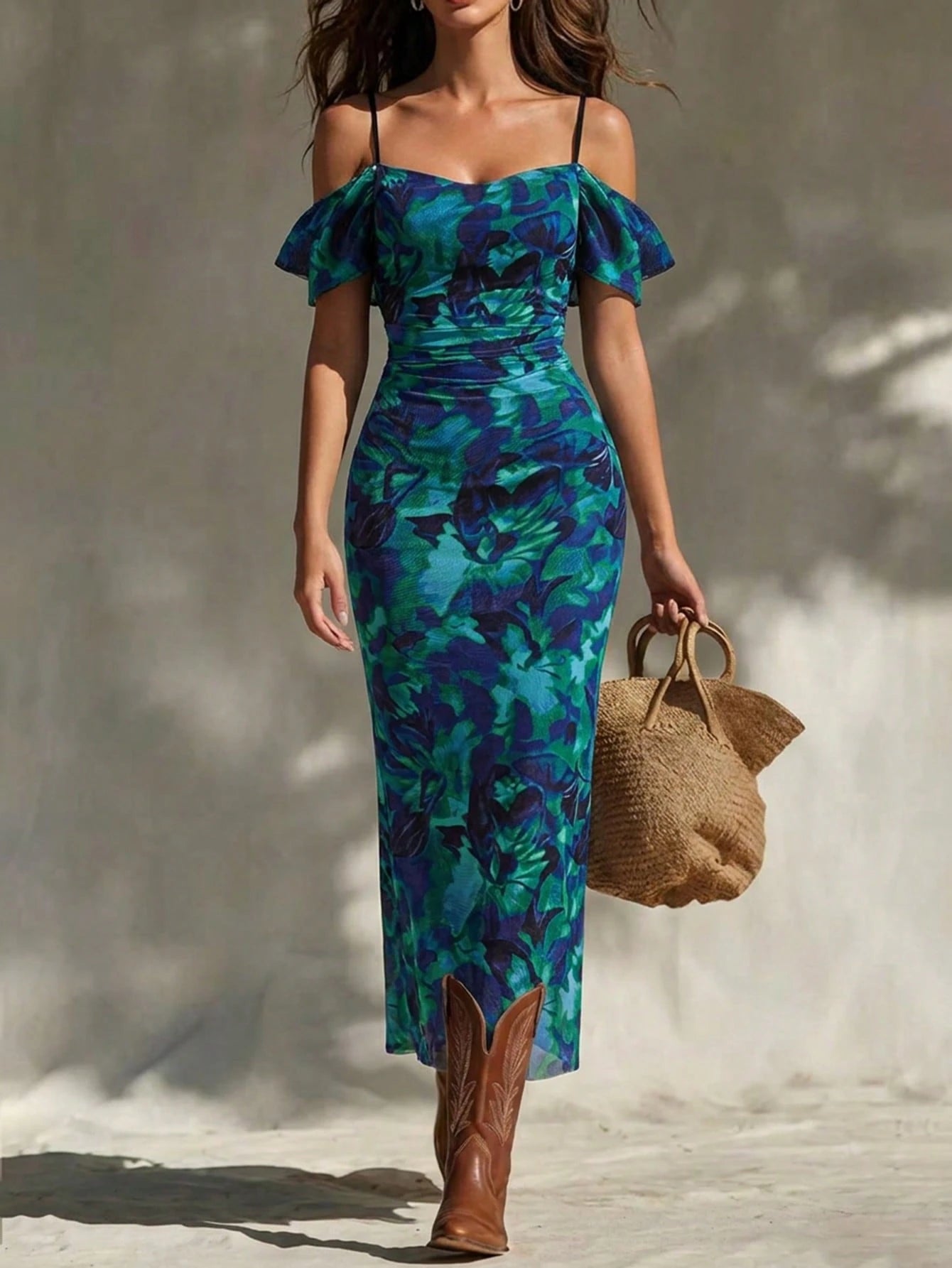 Summer Elegant Floral Print Open Shoulder Ruched Bodycon Flare Hem Dress Maxi Women Outfit