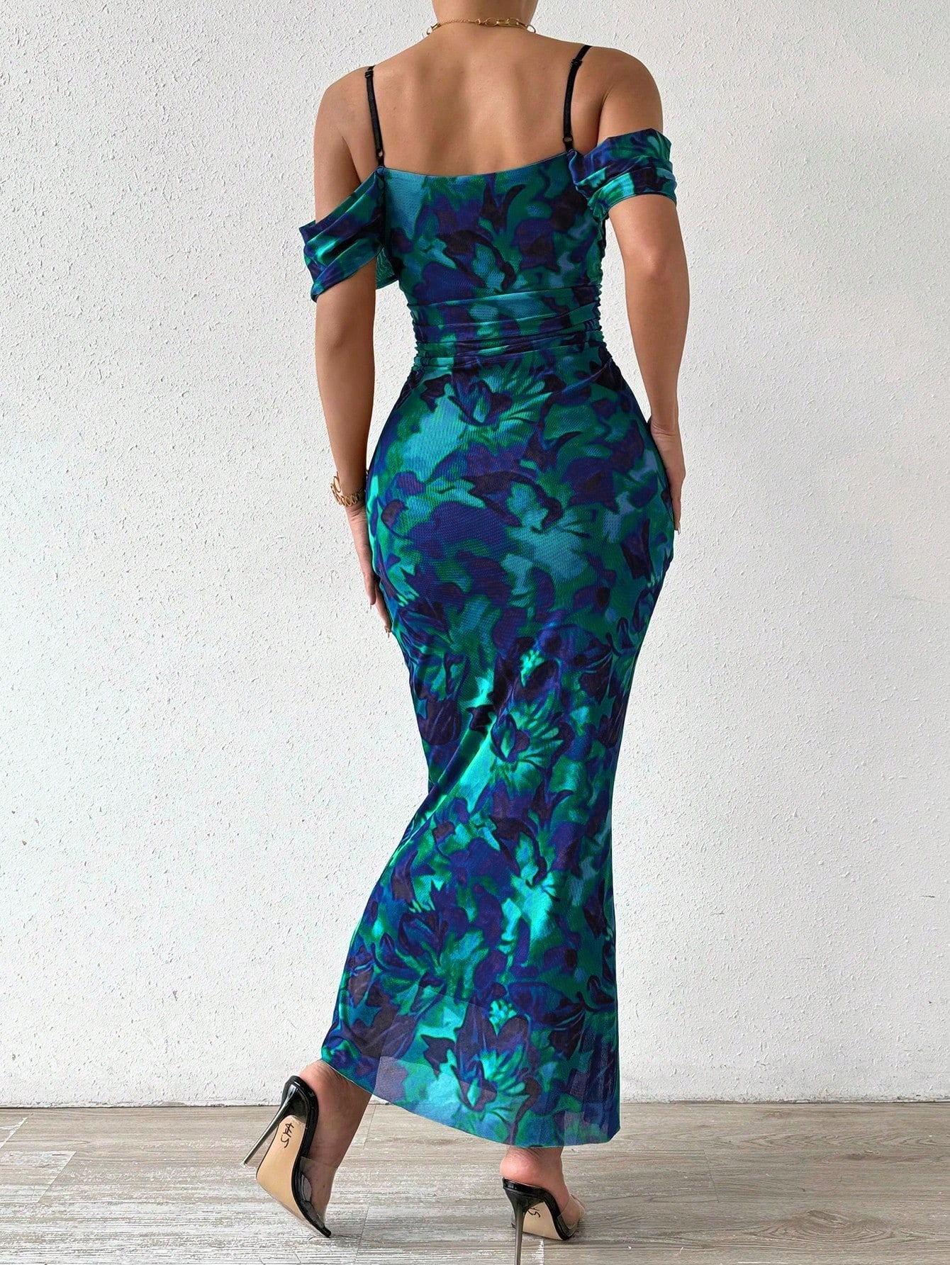 Summer Elegant Floral Print Open Shoulder Ruched Bodycon Flare Hem Dress Maxi Women Outfit
