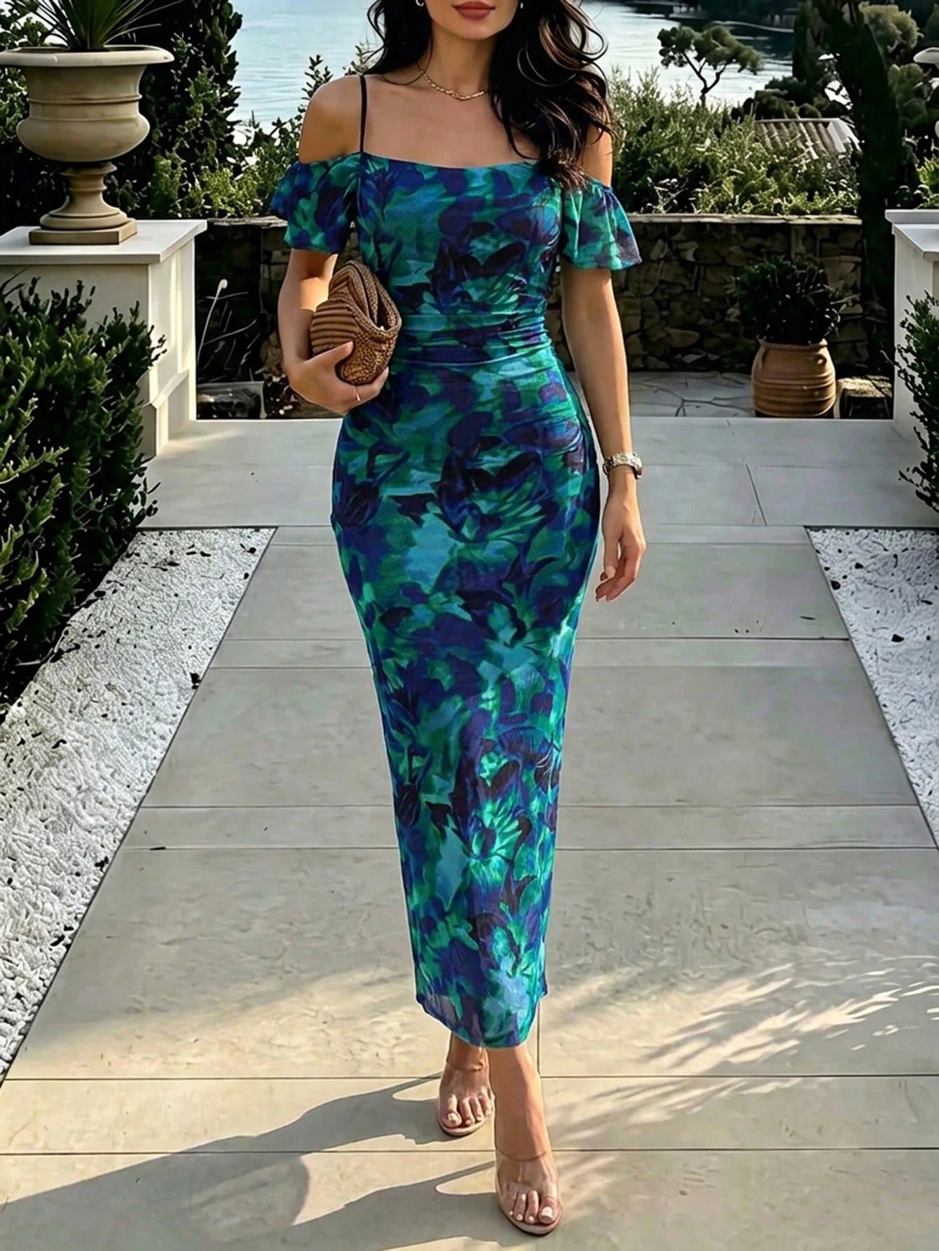 Summer Elegant Floral Print Open Shoulder Ruched Bodycon Flare Hem Dress Maxi Women Outfit