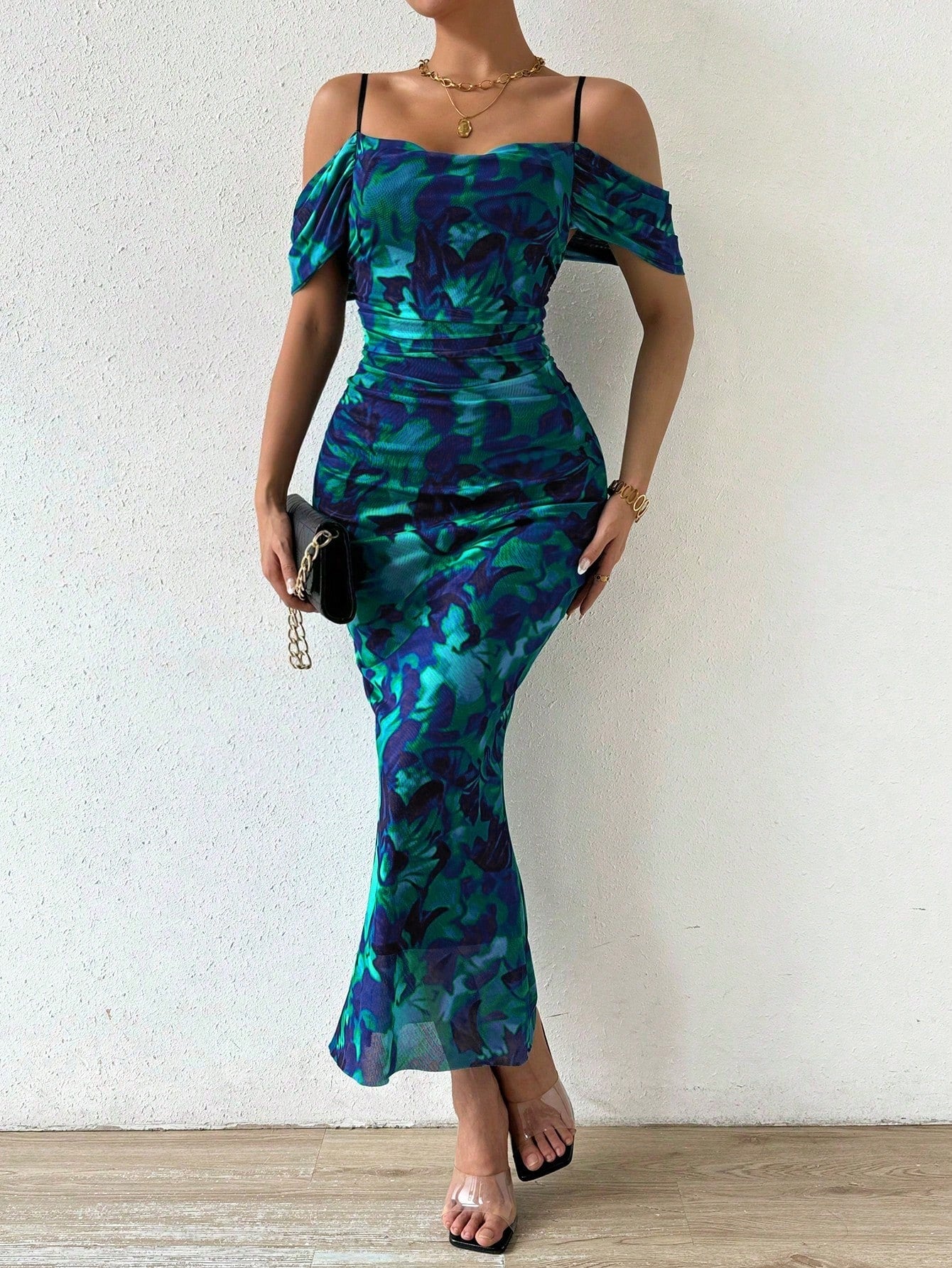 Summer Elegant Floral Print Open Shoulder Ruched Bodycon Flare Hem Dress Maxi Women Outfit
