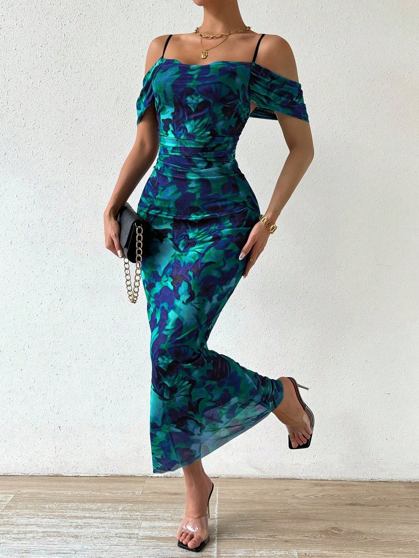 Summer Elegant Floral Print Open Shoulder Ruched Bodycon Flare Hem Dress Maxi Women Outfit