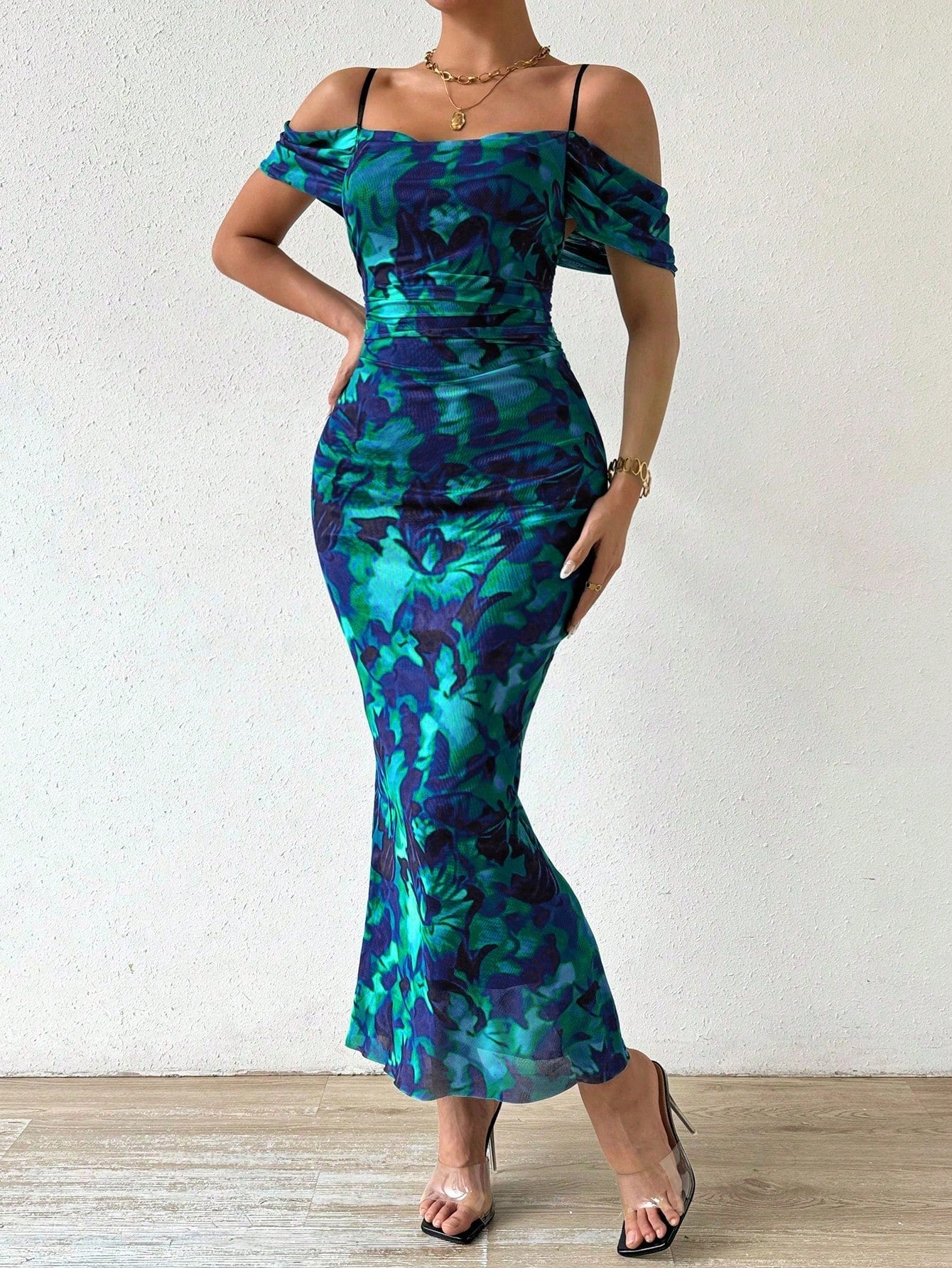Summer Elegant Floral Print Open Shoulder Ruched Bodycon Flare Hem Dress Maxi Women Outfit