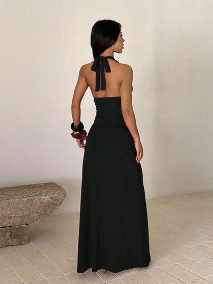 Summer, Elegant Party Dress, Waist Pleated Luxury Evening Dress With Slit, Women's Vacation Wear, Beach, Wedding, Birthday, Back To School