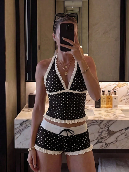 Summer New Fashion Women's Casual Elegant Halter Neck Polka Dot Bikini Set, Ruffle Trim Decor, Beach Vacation Party Outfit