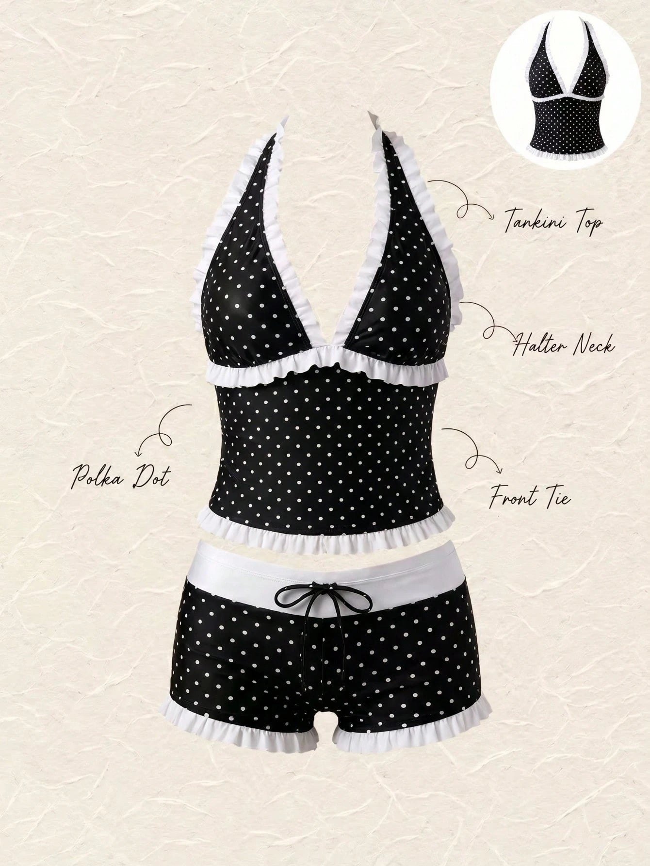 Summer New Fashion Women's Casual Elegant Halter Neck Polka Dot Bikini Set, Ruffle Trim Decor, Beach Vacation Party Outfit