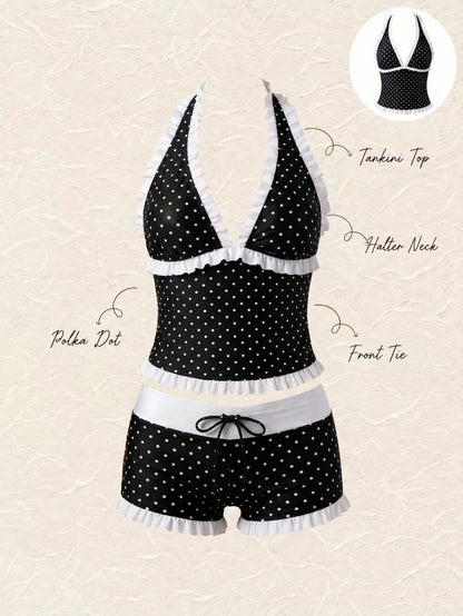 Summer New Fashion Women's Casual Elegant Halter Neck Polka Dot Bikini Set, Ruffle Trim Decor, Beach Vacation Party Outfit